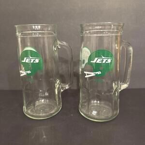 2 VTG New York Jets Helmet Logo Glass Beer Mug Fisher Peanuts NFL Football Stein